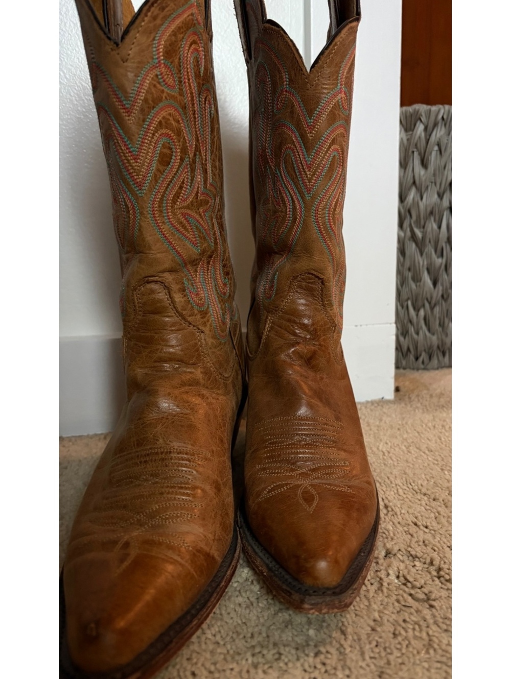Vintage Justin USA Made Leather Cowboy Boots Size 7.5 B Western Embroidered